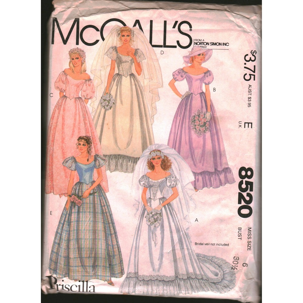 McCalls 8520 Priscilla of Boston Bridal Gown Bridesmaid Dress Pattern Size 6 80s